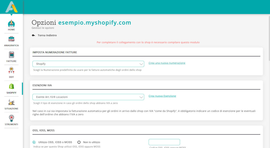impostazioni shop in fatturazione aziendale